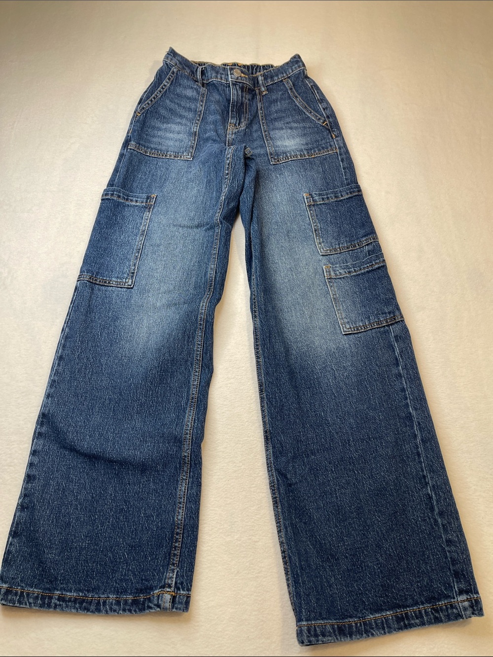 No Boundaries Women's Wide Leg Cargo Jeans - Blue SIZE 00/ XXS ELASTIC WAISTBAND